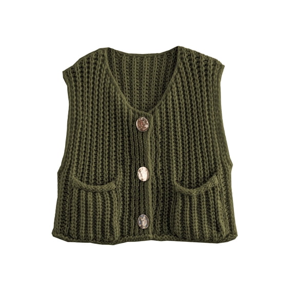 Shine Up Vest for Women Button Down Cardigan Sweater Sleeveless Crochet Knit Tops with Pockets