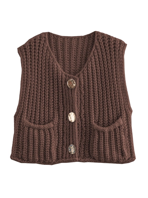 Vest for Women Button Down Cardigan Sweater Sleeveless Crochet Knit Tops with Pockets