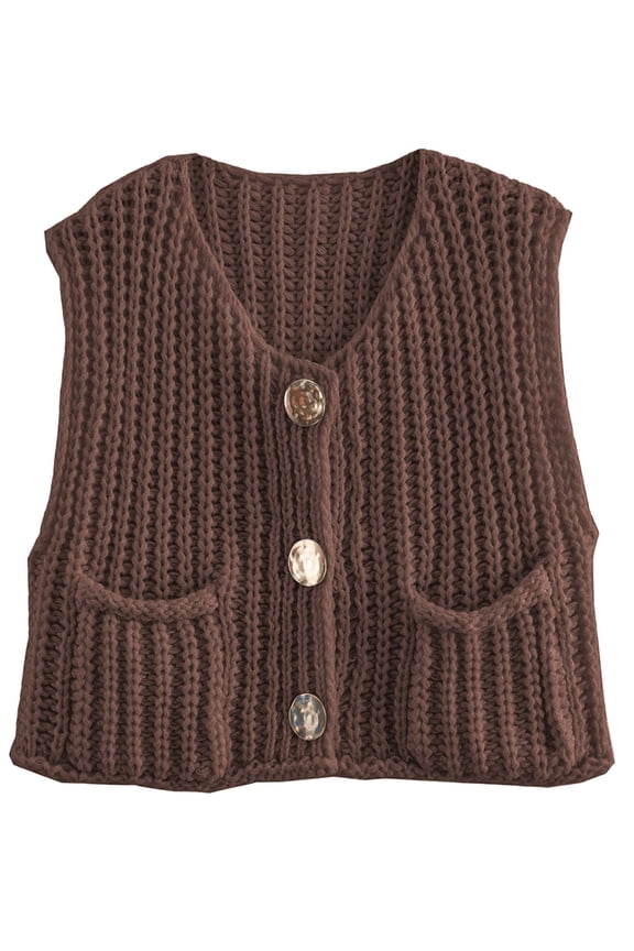Vest for Women Button Down Cardigan Sweater Sleeveless Crochet Knit Tops with Pockets