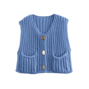 Shine Up Vest for Women Button Down Cardigan Sweater Sleeveless Crochet Knit Tops with Pockets
