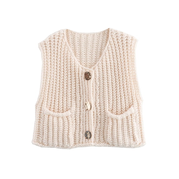 Shine Up Vest for Women Button Down Cardigan Sweater Sleeveless Crochet Knit Tops with Pockets
