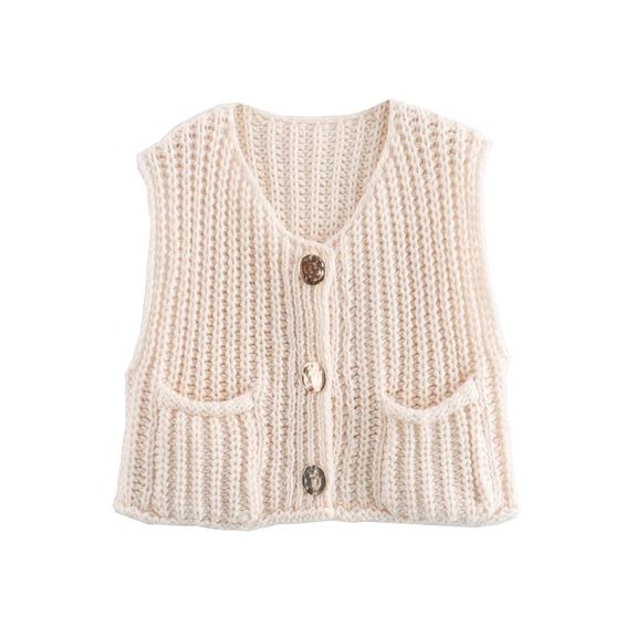 Shine Up Vest for Women Button Down Cardigan Sweater Sleeveless Crochet Knit Tops with Pockets