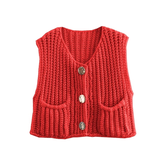 Shine Up Vest for Women Button Down Cardigan Sweater Sleeveless Crochet Knit Tops with Pockets