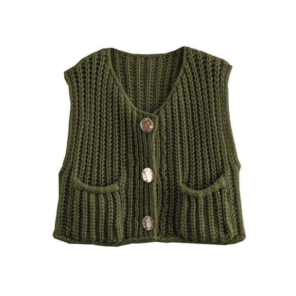 Shine Up Vest for Women Button Down Cardigan Sweater Sleeveless Crochet Knit Tops with Pockets