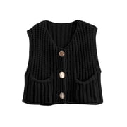Shine Up Vest for Women Button Down Cardigan Sweater Sleeveless Crochet Knit Tops with Pockets