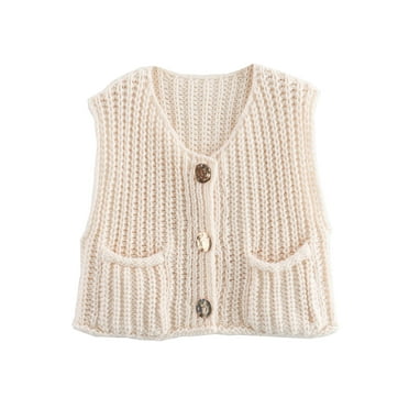 Shine Up Vest for Women Button Down Cardigan Sweater Sleeveless Crochet Knit Tops with Pockets