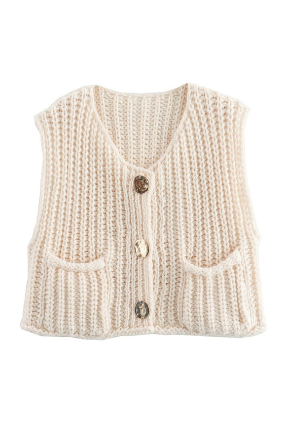 Vest for Women Button Down Cardigan Sweater Sleeveless Crochet Knit Tops with Pockets