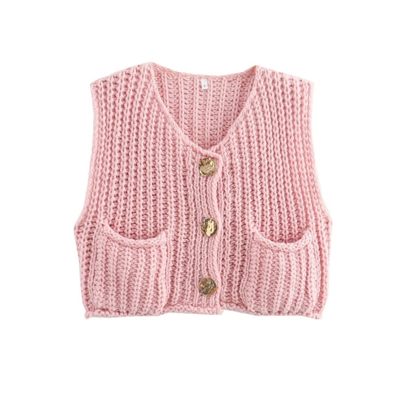 Shine Up Vest for Women Button Down Cardigan Sweater Sleeveless Crochet Knit Tops with Pockets