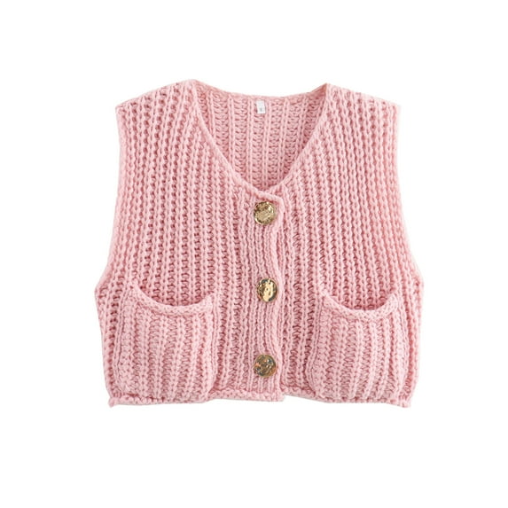 Shine Up Vest for Women Button Down Cardigan Sweater Sleeveless Crochet Knit Tops with Pockets