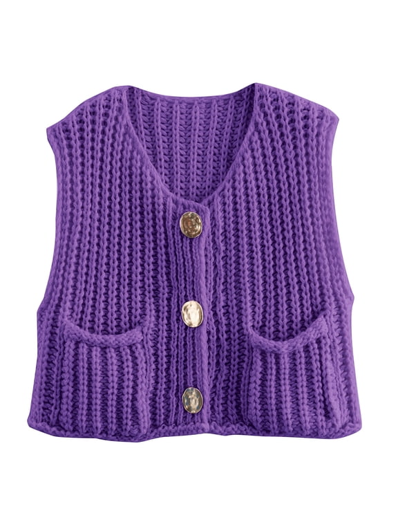 Vest for Women Button Down Cardigan Sweater Sleeveless Crochet Knit Tops with Pockets