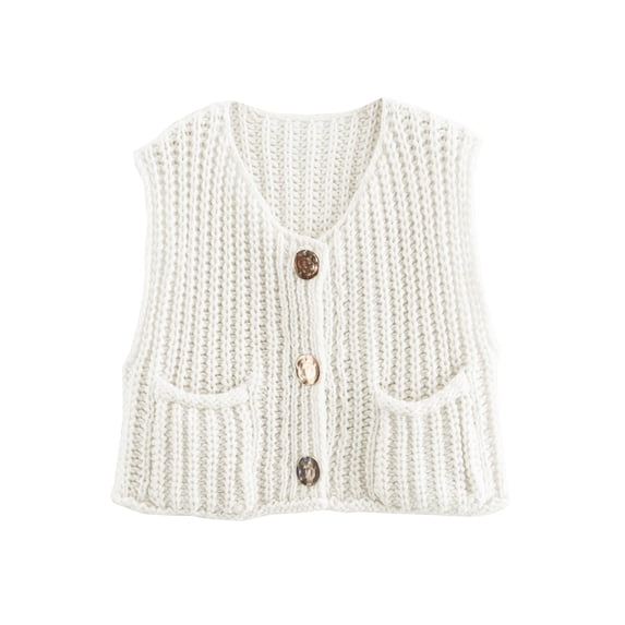 Shine Up Vest for Women Button Down Cardigan Sweater Sleeveless Crochet Knit Tops with Pockets