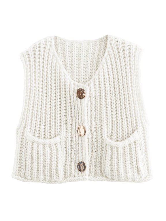 Vest for Women Button Down Cardigan Sweater Sleeveless Crochet Knit Tops with Pockets