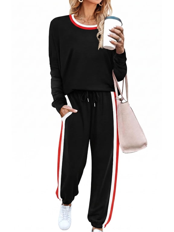 Women 2 Piece Lounge Sets Striped Jogger Sets Fall Outfits Loose Sweatsuits with Pockets