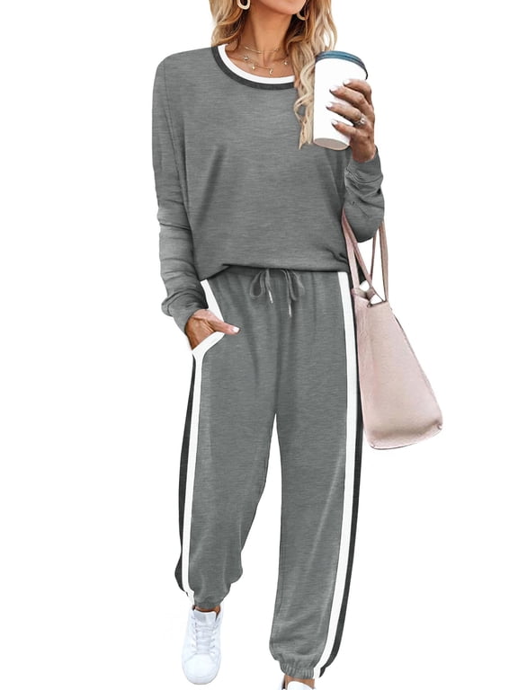Women 2 Piece Lounge Sets Striped Jogger Sets Fall Outfits Loose Sweatsuits with Pockets