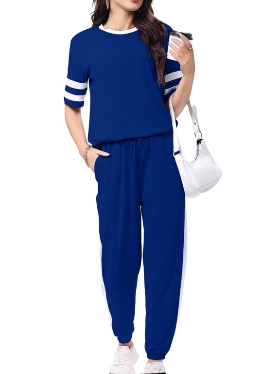 Women Sweatsuits Casual 2 Piece Sets Striped Tracksuits Short Sleeve Summer T Shirts Long Jogger Sets Loose Activewear