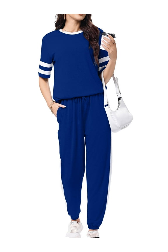 Women Sweatsuits Casual 2 Piece Sets Striped Tracksuits Short Sleeve Summer T Shirts Long Jogger Sets Loose Activewear