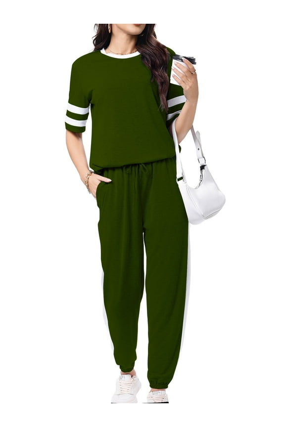 Women Sweatsuits Casual 2 Piece Sets Striped Tracksuits Short Sleeve Summer T Shirts Long Jogger Sets Loose Activewear