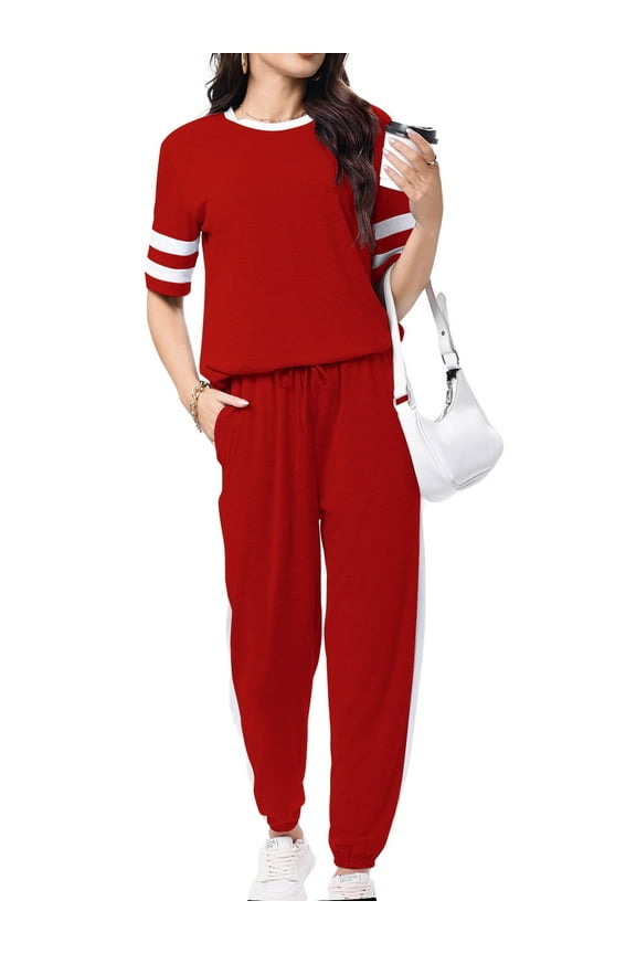 Women Sweatsuits Casual 2 Piece Sets Striped Tracksuits Short Sleeve Summer T Shirts Long Jogger Sets Loose Activewear