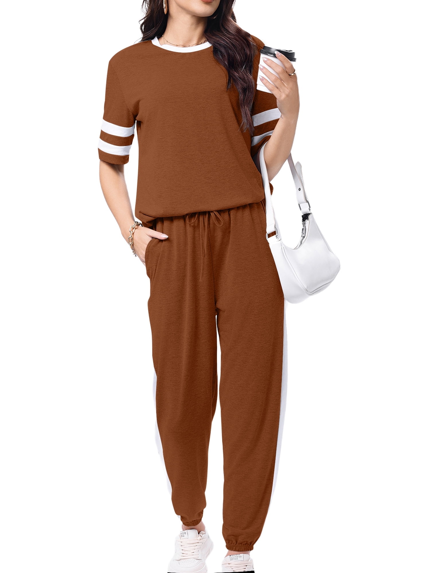 Women Sweatsuits Casual 2 Piece Sets Striped Tracksuits Short Sleeve Summer T Shirts Long Jogger Sets Loose Activewear
