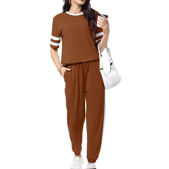 Shine Up Women Sweatsuits Casual 2 Piece Sets Striped Tracksuits Short Sleeve Summer T Shirts Long Jogger Sets Loose Activewear