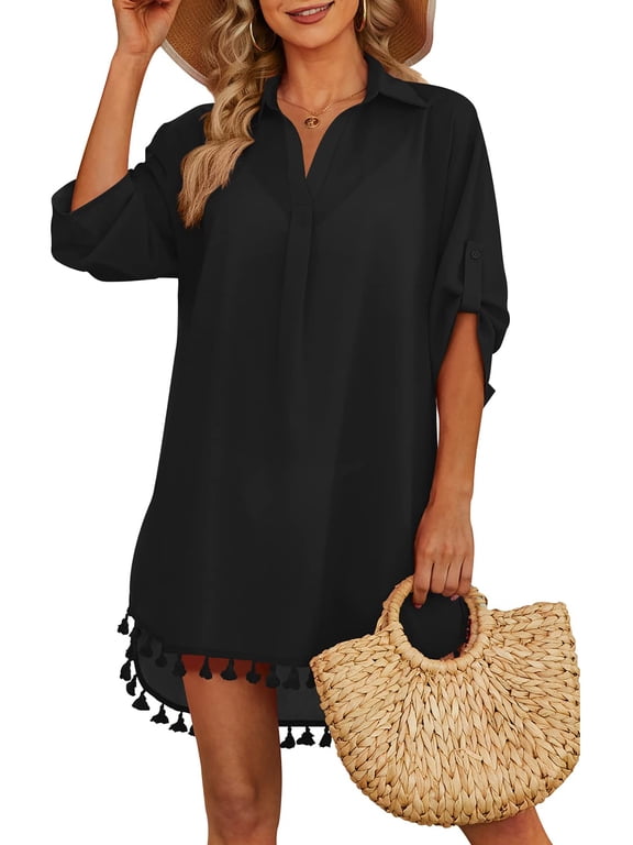 Women Swimsuit Cover-up Shirt Tassel Beach Swimwear Summer Bathing Suit Dress