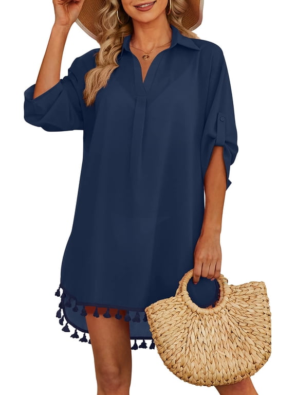 Women Swimsuit Cover-up Shirt Tassel Beach Swimwear Summer Bathing Suit Dress