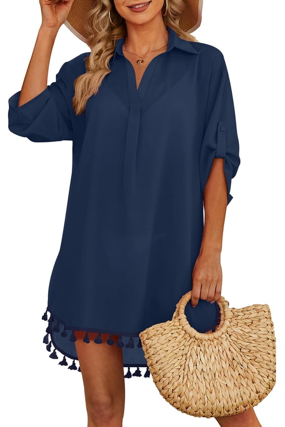 Women Swimsuit Cover-up Shirt Tassel Beach Swimwear Summer Bathing Suit Dress
