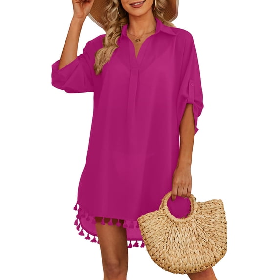 Shine Up Women Swimsuit Cover-up Shirt Tassel Beach Swimwear Summer Bathing Suit Dress