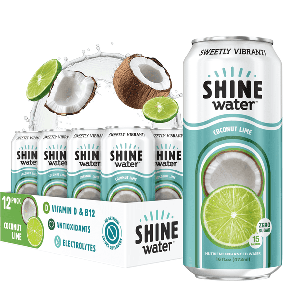 Shine Water Coconut Lime Vitamin D Electrolyte Drinks 12-Pack, Sugar Free Flavored Water with Magnesium, Zinc & Antioxidants, Low Calorie Hydration