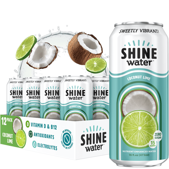 Shine Water Coconut Lime Vitamin D Electrolyte Drinks 12-Pack, Sugar Free Flavored Water with Magnesium, Zinc & Antioxidants, Low Calorie Hydration Beverage, Plant-Based Vitamin Water Zero Sugar