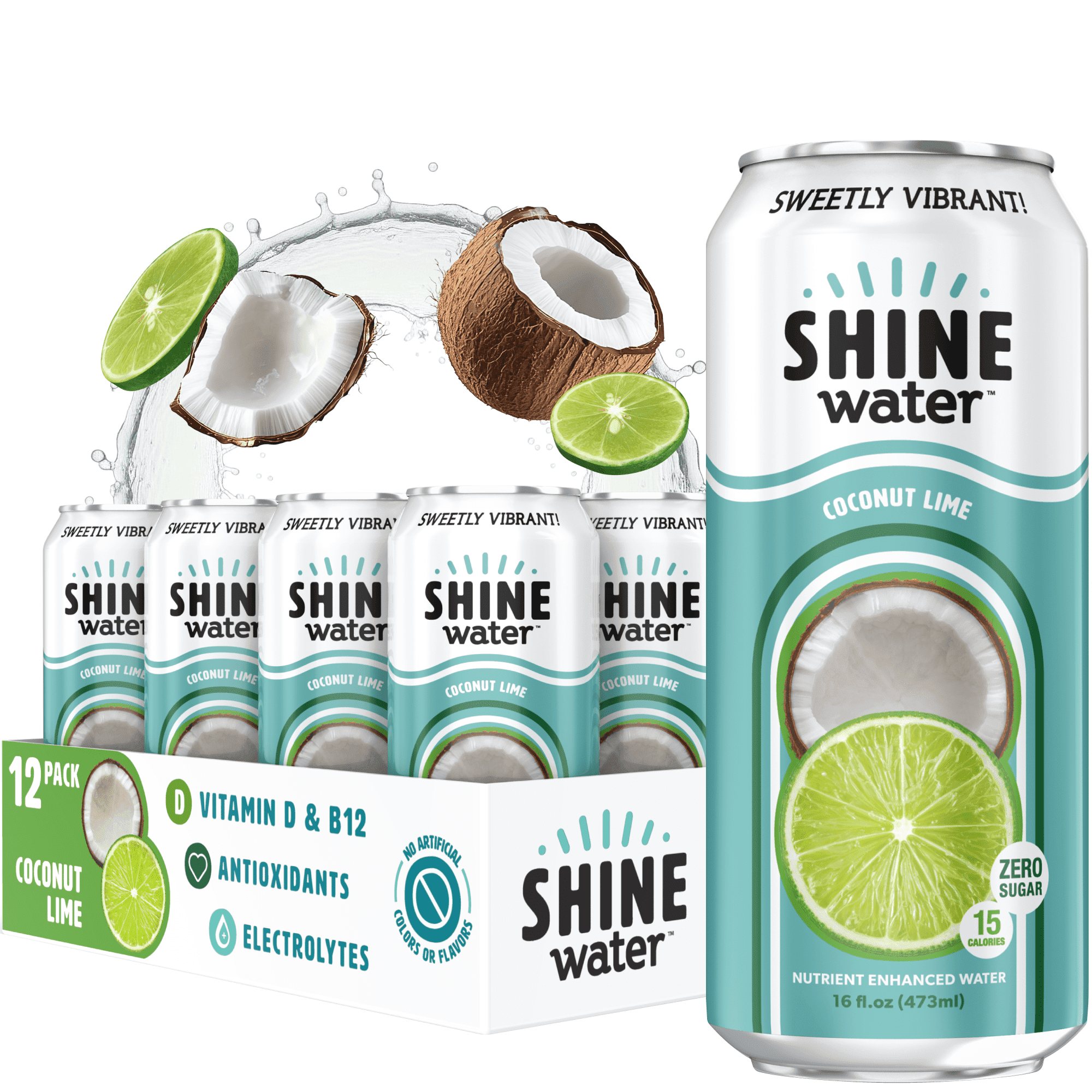 Shine Water Coconut Lime Vitamin D Electrolyte Drinks 12-Pack, Sugar Free Flavored Water with Magnesium, Zinc & Antioxidants, Low Calorie Hydration