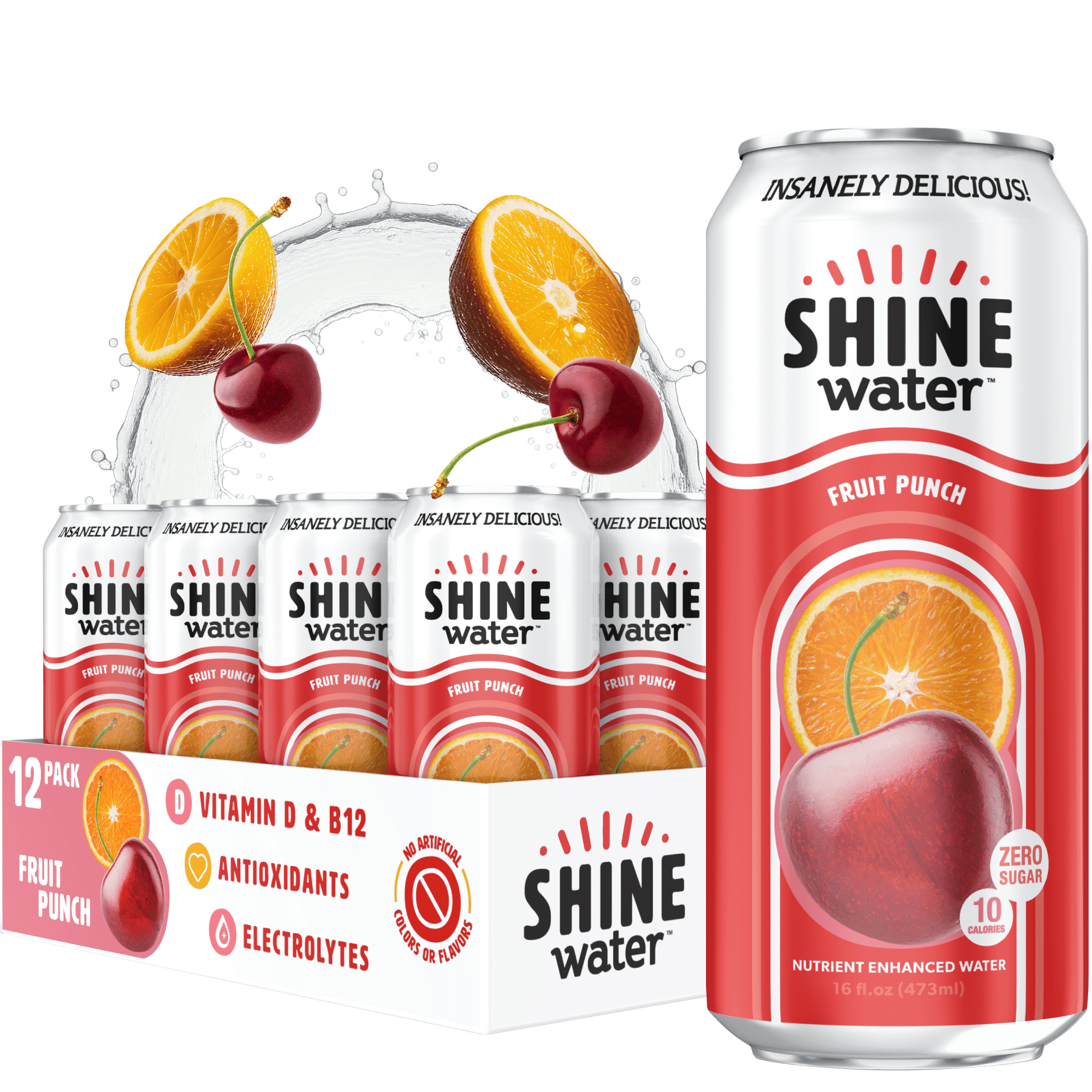Shine Water Fruit Punch Vitamin D Electrolyte Drinks 12-Pack, Sugar Free Flavored Water with Magnesium, Zinc & Antioxidants, Low Calorie Hydration