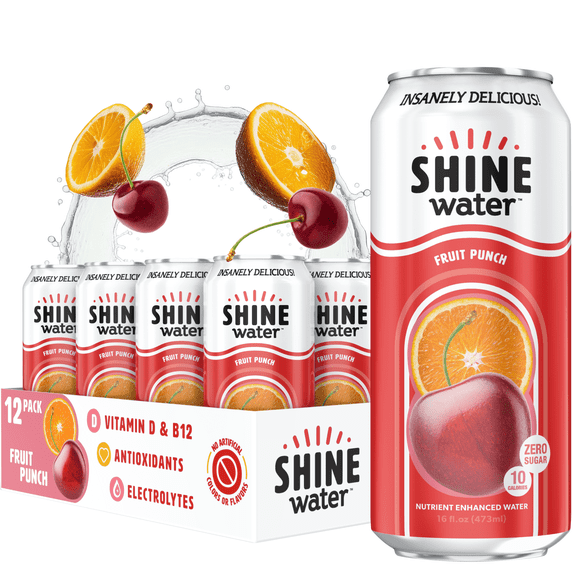 Shine Water Fruit Punch Vitamin D Electrolyte Drinks 12-Pack, Sugar Free Flavored Water with Magnesium, Zinc & Antioxidants, Low Calorie Hydration