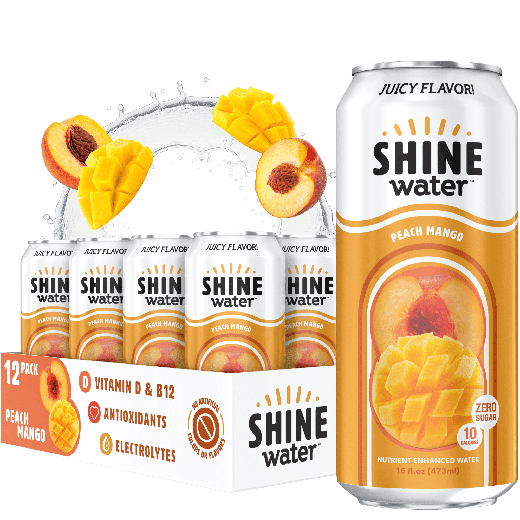 Shine Water Peach Mango Vitamin D Electrolyte Drinks 12-Pack, Sugar Free Flavored Water with Magnesium, Zinc & Antioxidants, Low Calorie Hydration