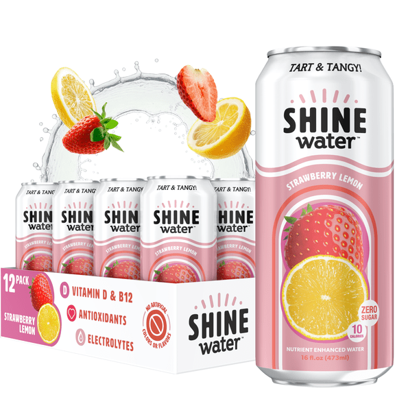 Shine Water Strawberry Lemon Vitamin D Electrolyte Drinks 12-Pack, Sugar Free Flavored Water with Magnesium, Zinc & Antioxidants, Low Calorie Hydration Beverage, Plant-Based Vitamin Water Zero Sugar
