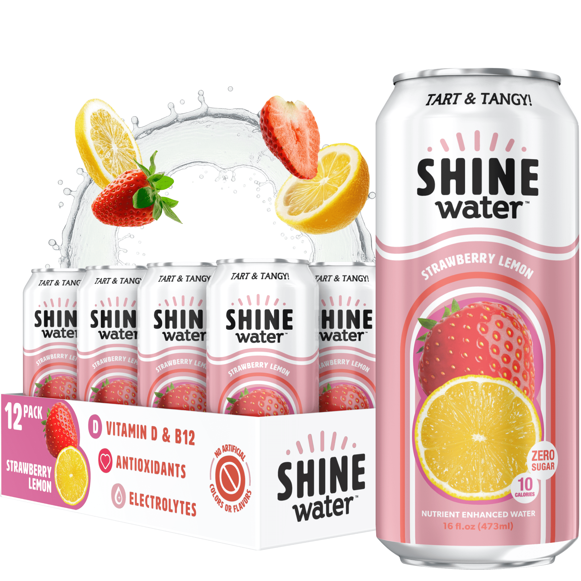 Shine Water Strawberry Lemon Vitamin D Electrolyte Drinks 12-Pack, Sugar Free Flavored Water with Magnesium, Zinc & Antioxidants, Low Calorie Hydration