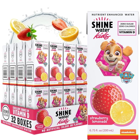 Shine Water Strawberry Lemonade Kids Drink Box, 32 Pack (6.75 Fl Oz Each) - Naturally Flavored Water with Vitamin D, Zero Sugar, Low Calorie, Non-Carbonated