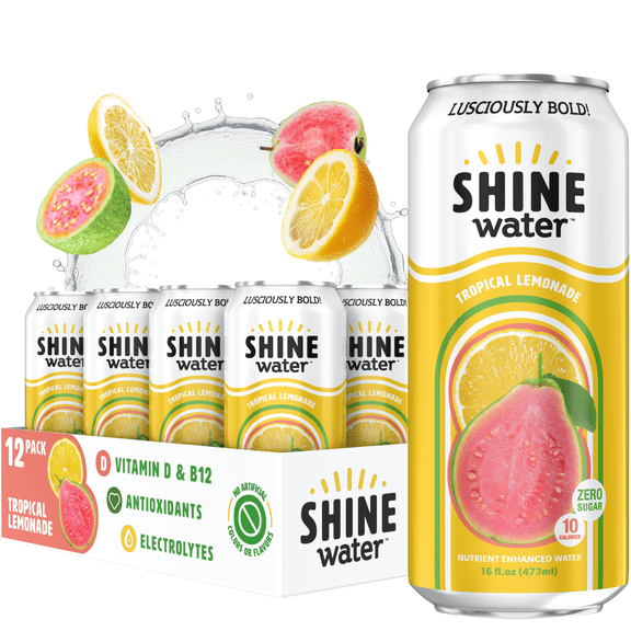 Shine Water Tropical Lemonade Vitamin D Electrolyte Drinks 12-Pack, Sugar Free Flavored Water with Magnesium, Zinc & Antioxidants, Low Calorie Hydration Beverage, Plant-Based Vitamin Water Zero Sugar