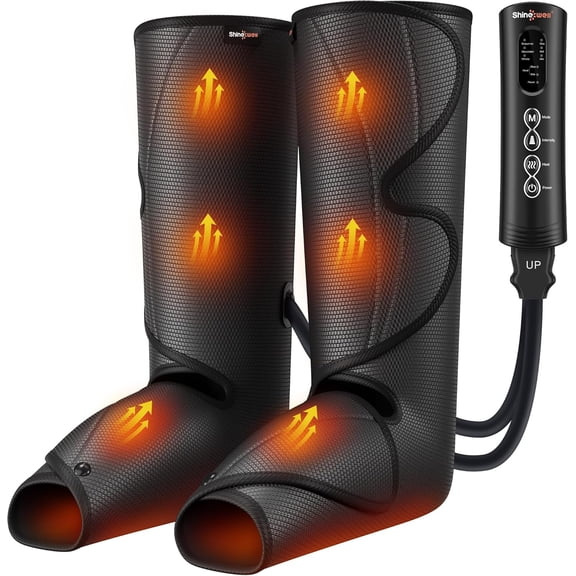 Shine Well Air Compression Leg Massager with Heat, Foot & Calf Massage Boots for Circulation and Pain Relief, Includes 2 Size Extenders