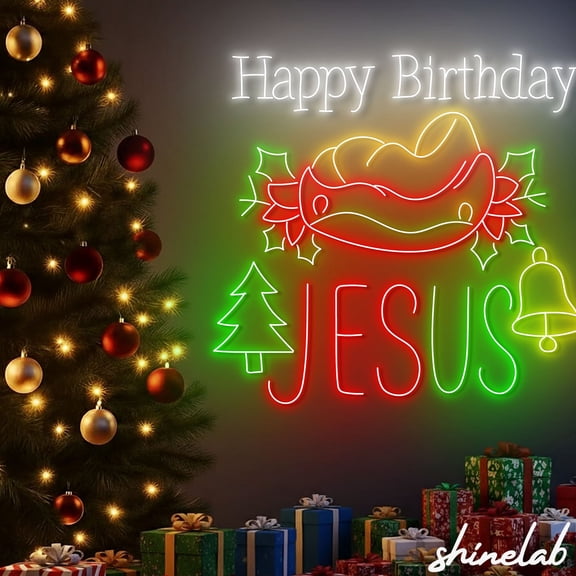 ShineLab Happy Birthday Jesus Neon Sign, Religious Christmas LED Wall Art, Church Decor