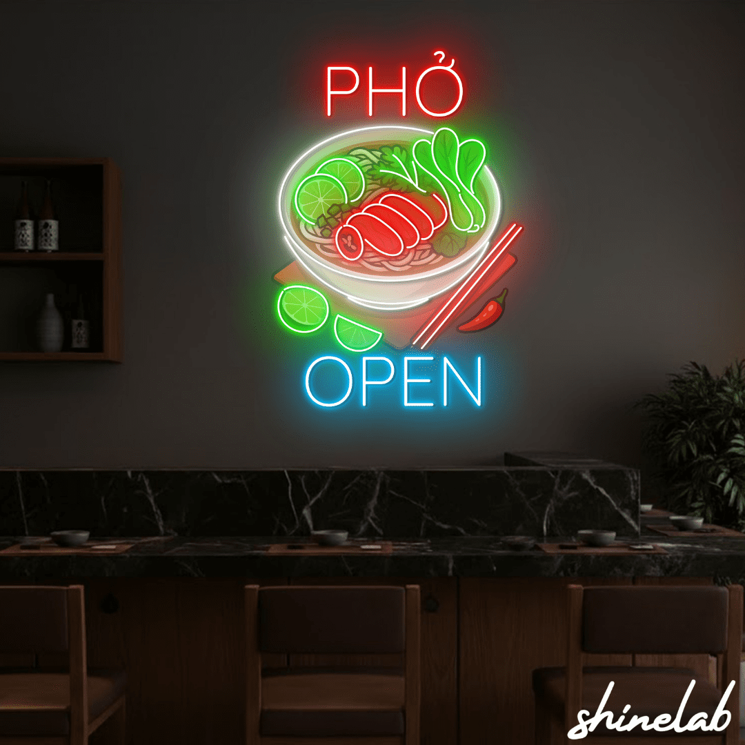 ShineLab Pho Open Neon Sign, Vietnamese Food Led Sign, Restaurant Decor