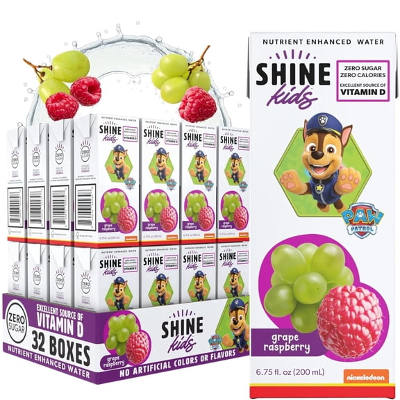 ShineWater Grape Raspberry Kids Drink Box- 4/8 PK of (6.75 Fl Oz Each) - Naturally Flavored Water with Vitamin D, Zero Sugar, Low Calorie, Non-Carbonated.
