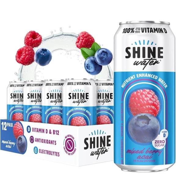 Shine Water Mixed Berry Acai Vitamin D Electrolyte Drink | Zero Sugar Hydration Beverage with Magnesium, Zinc & Antioxidants | Low Calorie Plant-Based Vitamin Water | 12 Pack