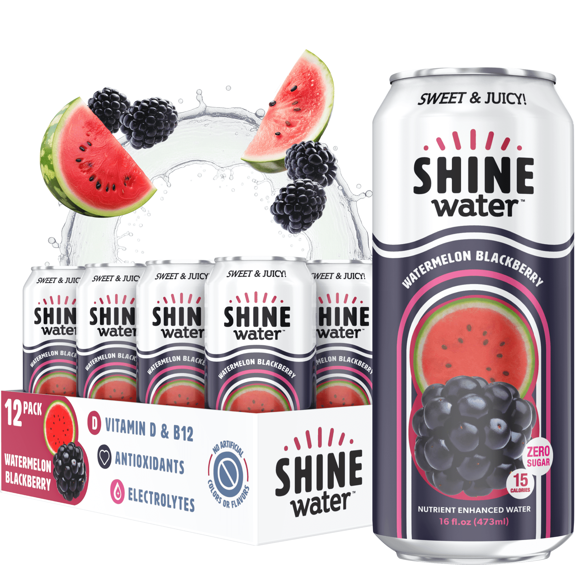 Shine Water Watermelon Blackberry Vitamin D Electrolyte Drinks 12-Pack, Sugar Free Flavored Water with Magnesium, Zinc & Antioxidants, Low Calorie