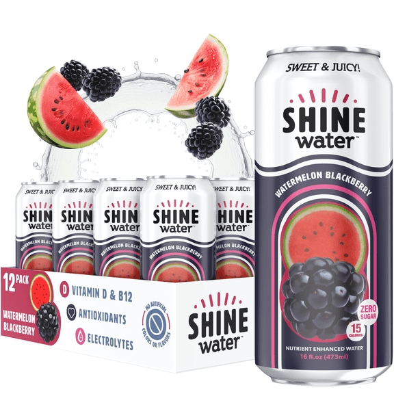 Shine Water Watermelon Blackberry Vitamin D Electrolyte Drinks 12-Pack, Sugar Free Flavored Water with Magnesium, Zinc & Antioxidants, Low Calorie