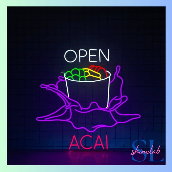 Shinelab Acai Bowl Open Neon Sign, Acai Bowl Fruit Wall Art Light, Healthy Food Wall Decor 0965