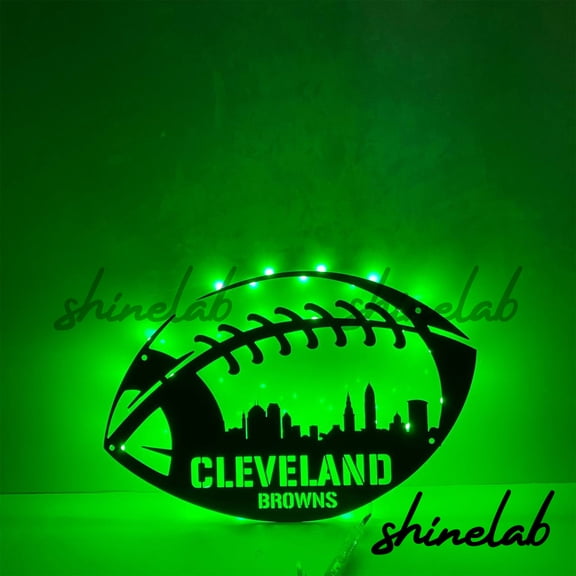 Shinelab American Football Metal Sign LED Wall Art, Custom Cleveland Skyline Gift Wall Decor 8973