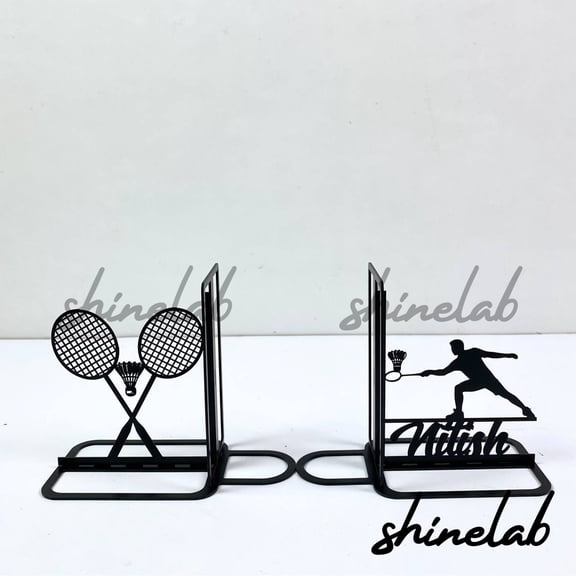 Shinelab Badminton Metal Bookends Custom Sport Player Name Book end Desk Bookshelf Decor 6557