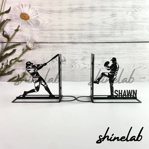 Shinelab Baseball Metal Bookends Baseball Player Name Bookend Gift, Sports Bookshelf Decor 5657