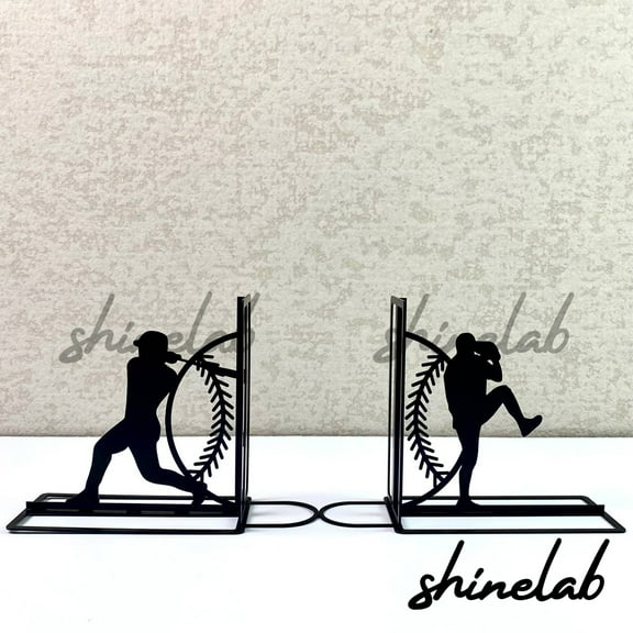 Shinelab Baseball Metal Bookends Custom Baseball Player Name Bookend Gift, Sport Desk Bookshelf Decor 6080